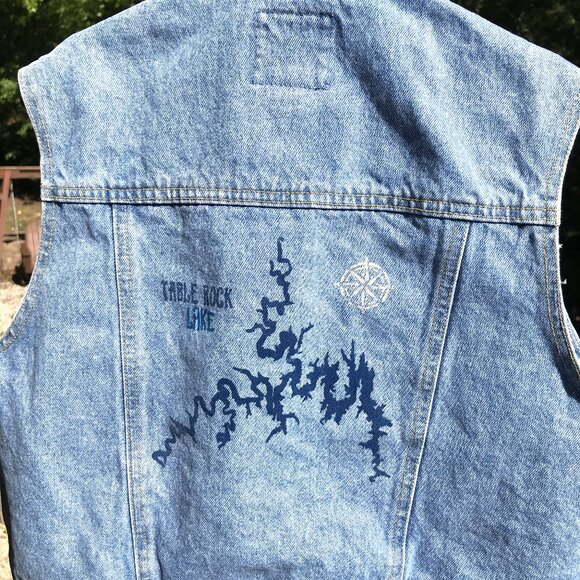 Upcycled Denim Vest, Junior Size 14: Painted Table Rock Lake Sleeveless Jacket - Picture 14 of 14